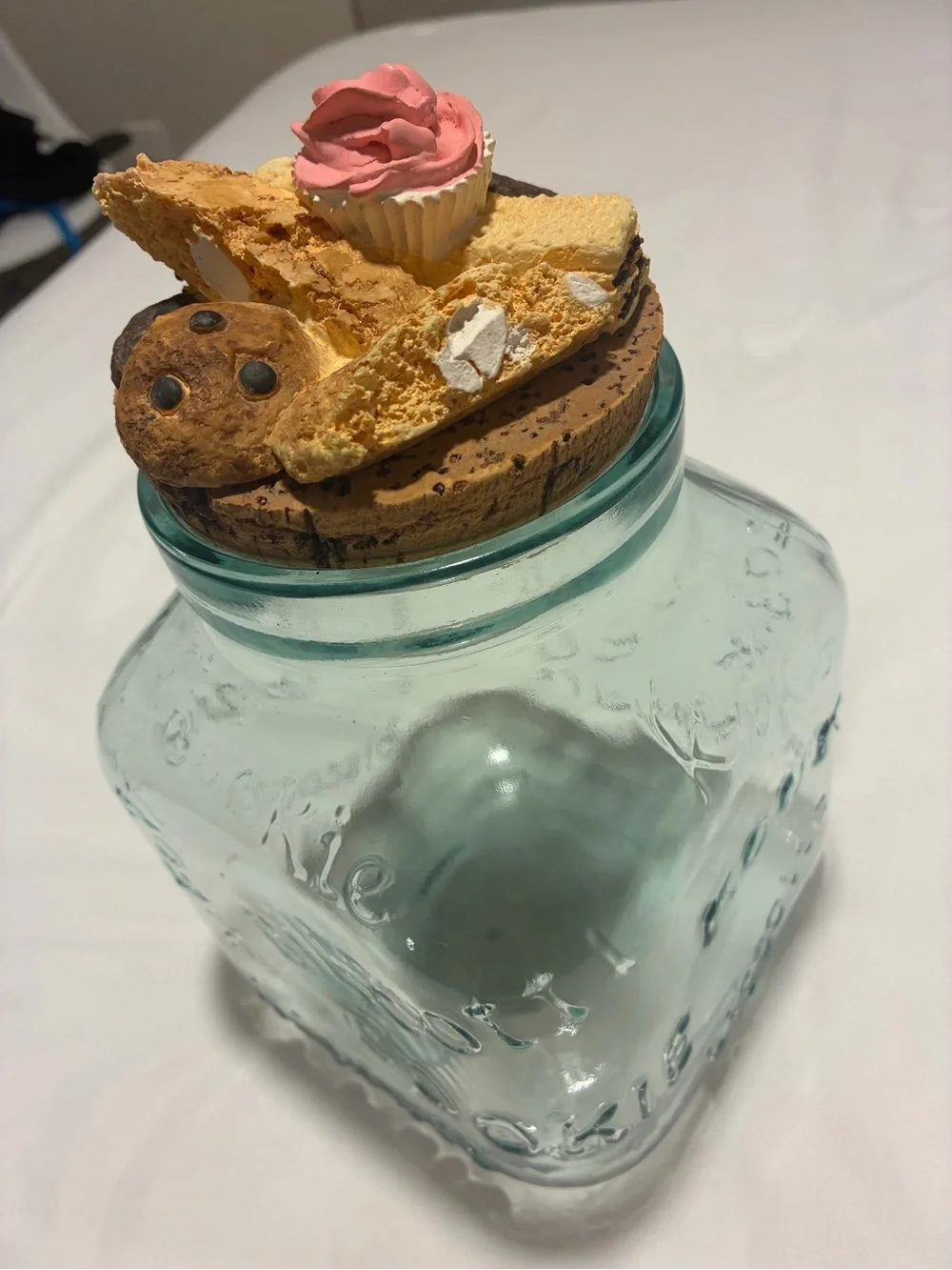 Light blue Glass Cookie Jar with cookie accent Lid - Pink & Neutral Decorative